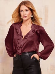 Friends Like These Red Long Sleeve Ruffle Front Crushed Satin Blouse - Image 1 of 4