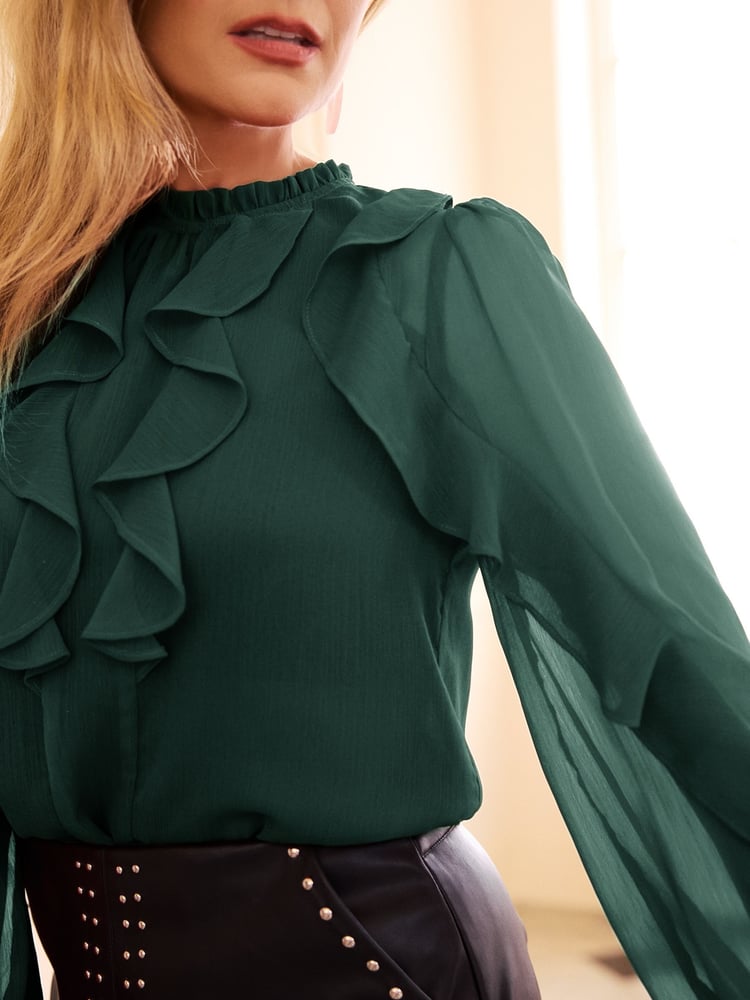 Love & Roses Green Ruffle Crew Neck Long Sleeve Blouse - Image 2 of 4