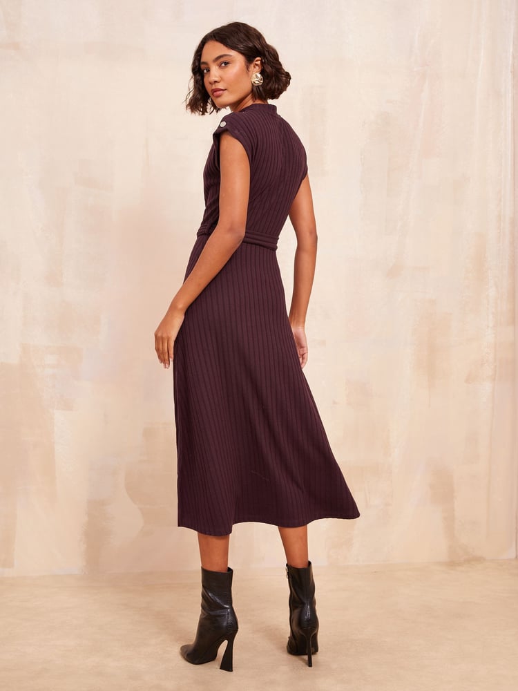 Friends Like These Red Button Shoulder Rib Midi Dress With Tie Belt Detailing - Image 4 of 4