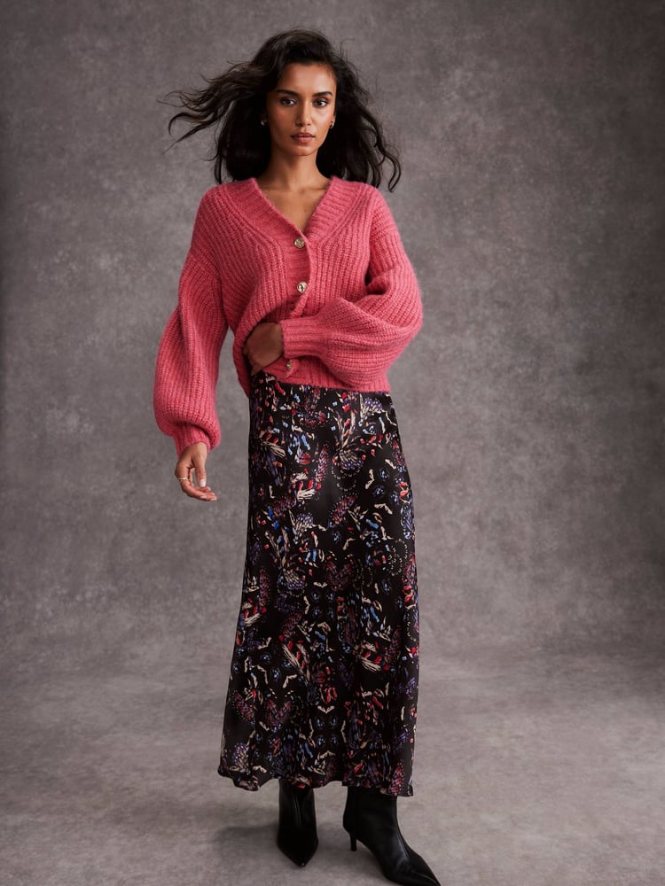 Mint Velvet Black Abstract Print Satin Midi Skirt - Image 2 of 7 Mint Velvet Black Abstract Print Satin Midi Skirt - Image 2 of 7