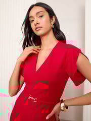 Friends Like These Red Petite V-Neck Tulip Sleeve Structured Mini Dress - Image 2 of 5