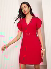 Friends Like These Red Petite V-Neck Tulip Sleeve Structured Mini Dress - Image 3 of 5