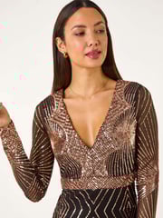 Roman Metallic Starburst Sequin Stretch Midi Dress - Image 4 of 5
