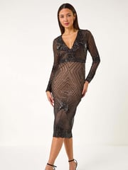 Roman Black Starburst Sequin Stretch Midi Dress - Image 1 of 5