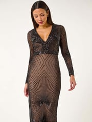 Roman Black Starburst Sequin Stretch Midi Dress - Image 2 of 5