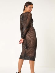 Roman Black Starburst Sequin Stretch Midi Dress - Image 3 of 5