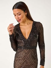 Roman Black Starburst Sequin Stretch Midi Dress - Image 4 of 5