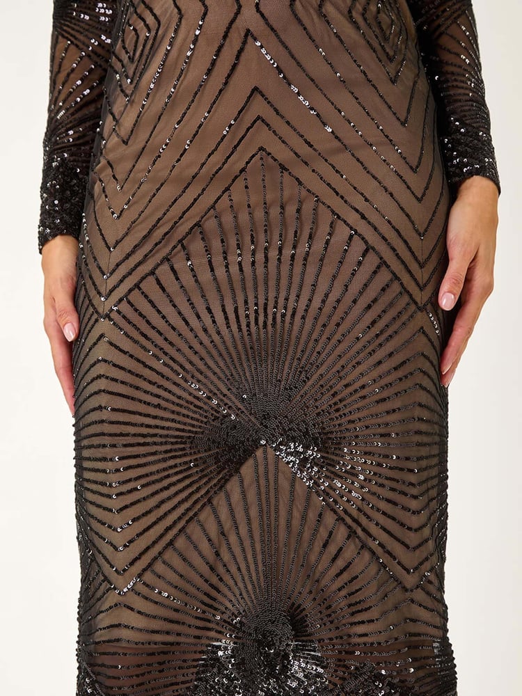 Roman Black Starburst Sequin Stretch Midi Dress - Image 5 of 5