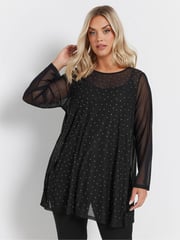 Yours Curve Black Oversized Studded Embellished Mesh Top - Image 1 of 5