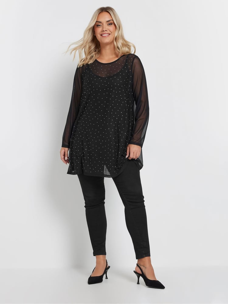 Yours Curve Black Oversized Studded Embellished Mesh Top - Image 2 of 5