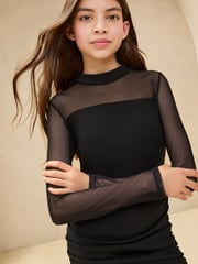 Lipsy Black Teen Mesh Ruched Dress (10-16yrs) - Image 3 of 4