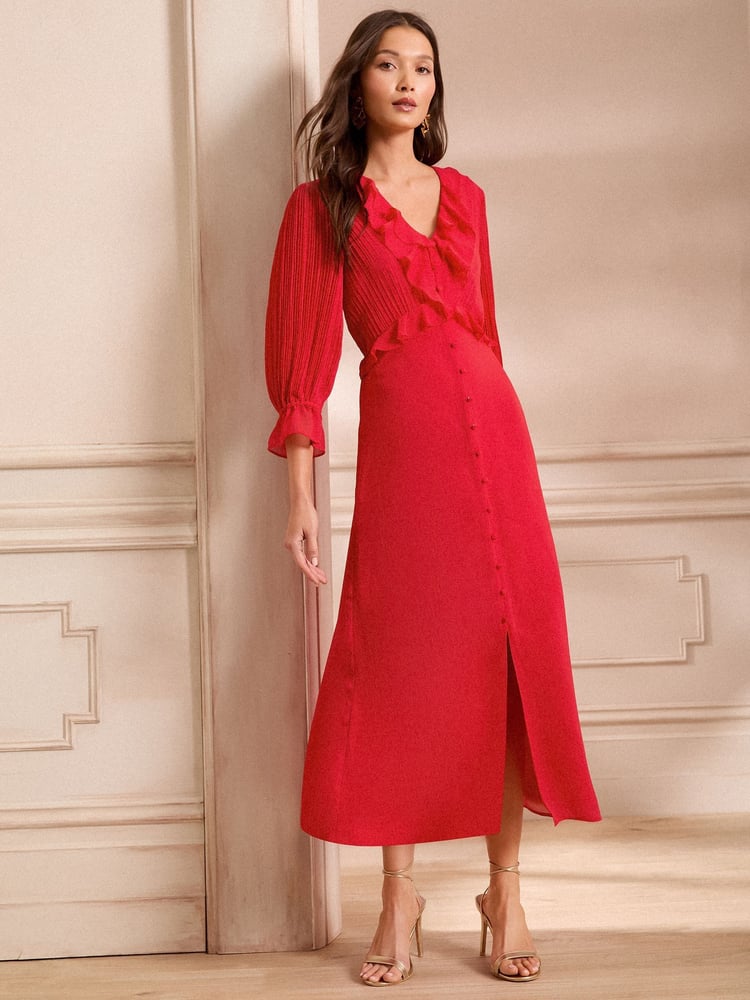 Love & Roses Red Pleated Ruffle Midi Dress - Image 1 of 5 Love & Roses Red Pleated Ruffle Midi Dress - Image 1 of 5
