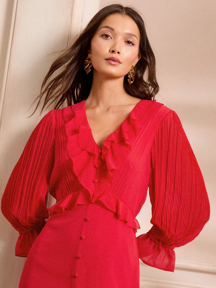 Love & Roses Red Pleated Ruffle Midi Dress - Image 2 of 5 Love & Roses Red Pleated Ruffle Midi Dress - Image 2 of 5