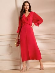 Love & Roses Red Pleated Ruffle Midi Dress - Image 4 of 5