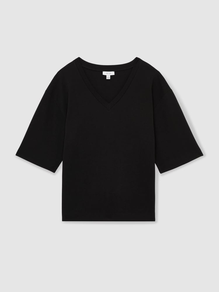 Schwarz - Reiss Annabel Stretch-Cotton Oversized V-Neck T-Shirt - Bild 2 von 6