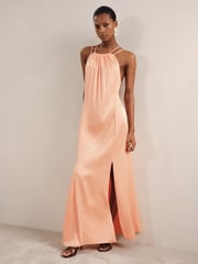 Reiss Peach Tallie Satin Halterneck Maxi Dress - Image 3 of 6