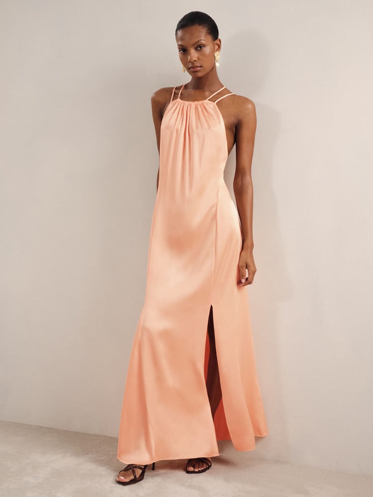 Reiss Peach Tallie Petite Satin Halterneck Maxi Dress - Image 1 of 7