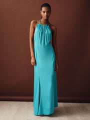 Reiss Blue Tallie Satin Halterneck Maxi Dress - Image 1 of 5