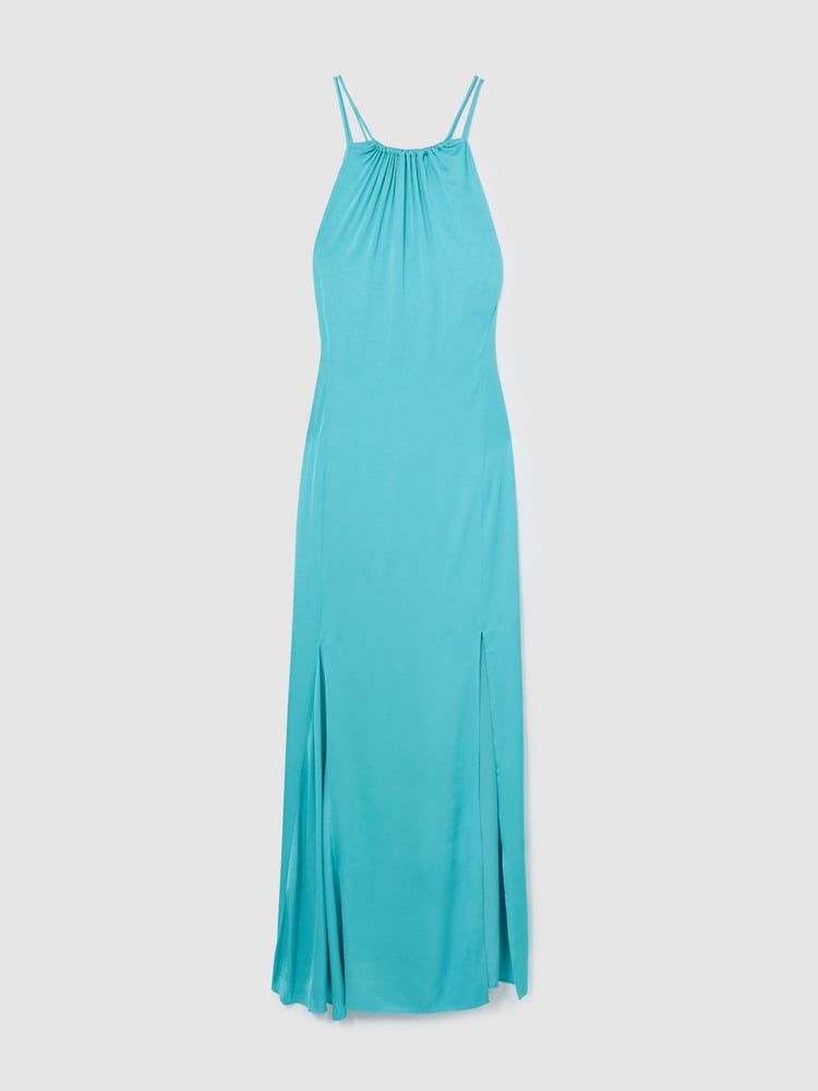 Reiss Blue Tallie Satin Halterneck Maxi Dress - Image 2 of 5