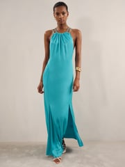 Reiss Blue Tallie Satin Halterneck Maxi Dress - Image 3 of 5