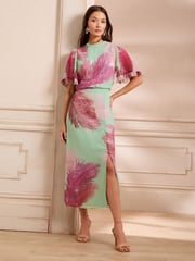 Love & Roses Green Feather Sequin Angel Sleeve Midi Dress - Image 1 of 5
