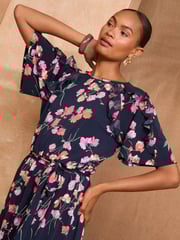 Love & Roses Navy Floral Jersey Ruffle Belted Midi Dress - Image 2 of 4