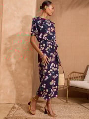 Love & Roses Navy Floral Jersey Ruffle Belted Midi Dress - Image 4 of 4