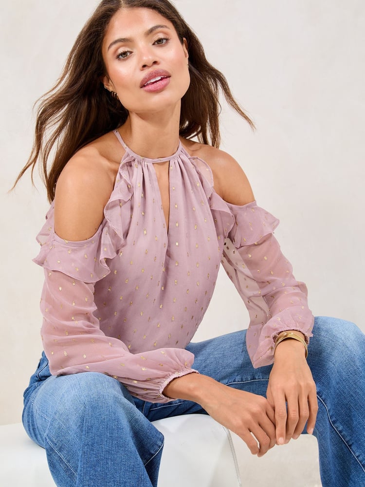 Lipsy Purple  Lurex Cold Shoulder Top - Image 1 of 4