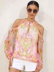 Lipsy Printed Yellow  Lurex Cold Shoulder Top - Image 1 of 4
