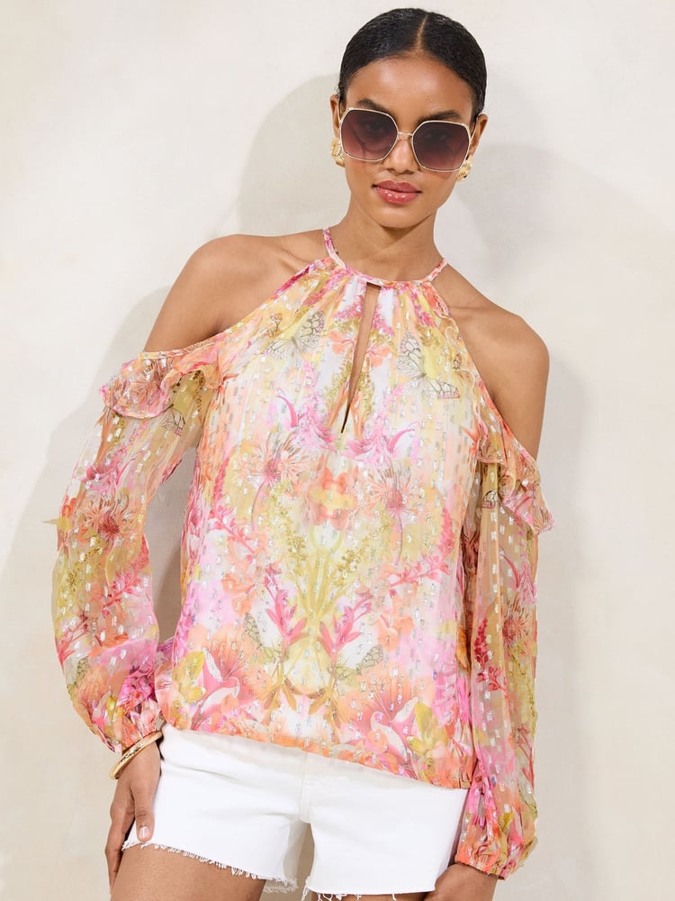 Lipsy Printed Yellow  Lurex Cold Shoulder Top - Image 1 of 4