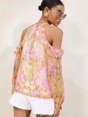 Lipsy Printed Yellow  Lurex Cold Shoulder Top - Image 4 of 4