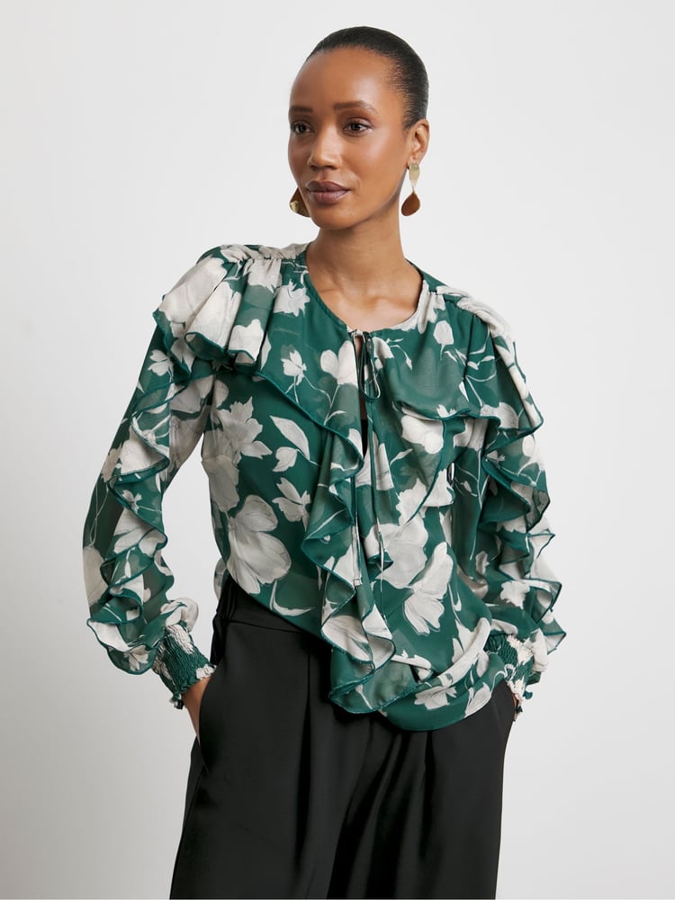 Joanna Hope Green Crinkle Chiffon Romantic Ruffle Blouse - Image 1 of 4
