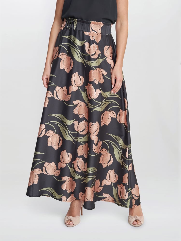 Gina Bacconi Dakota Satin Elastic Waist Black Skirt - Image 1 of 4