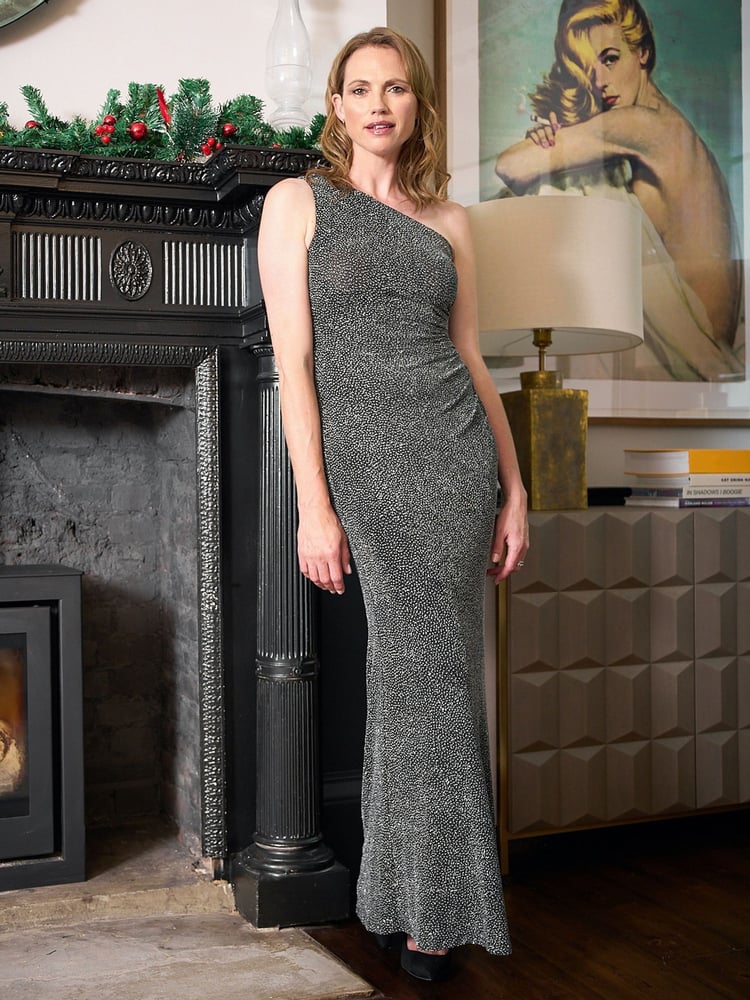 Gina Bacconi Blue Kasey Metallic Knit Dress - Image 2 of 7