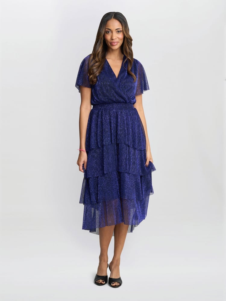 Gina Bacconi Cheri Metallic Knit Tiered Dress - Image 1 of 6