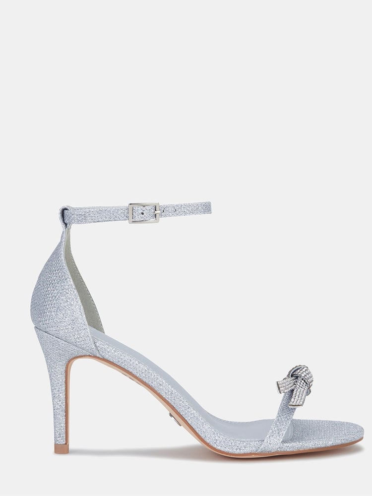 Novo Silver Pillowtalk Diamante Bow Detail Two Part Mid Heel Sandals - Image 2 of 4