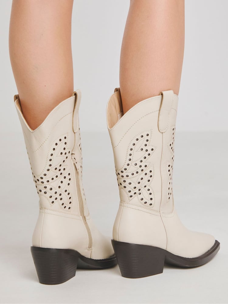 Simply Be Natural Wide Fit Laser Pattern Mid Calf Western Boots - Image 2 of 4 Simply Be Natural Wide Fit Laser Pattern Mid Calf Western Boots - Image 2 of 4