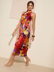Friends Like These Red/Blue Floral Print Tie Halter Neck Satin Midi Dress - Image 1 of 4