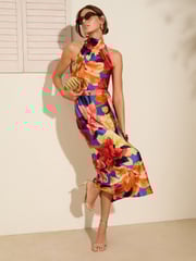 Friends Like These Red/Blue Floral Print Tie Halter Neck Satin Midi Dress - Image 3 of 4