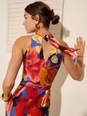 Friends Like These Red/Blue Floral Print Tie Halter Neck Satin Midi Dress - Image 4 of 4