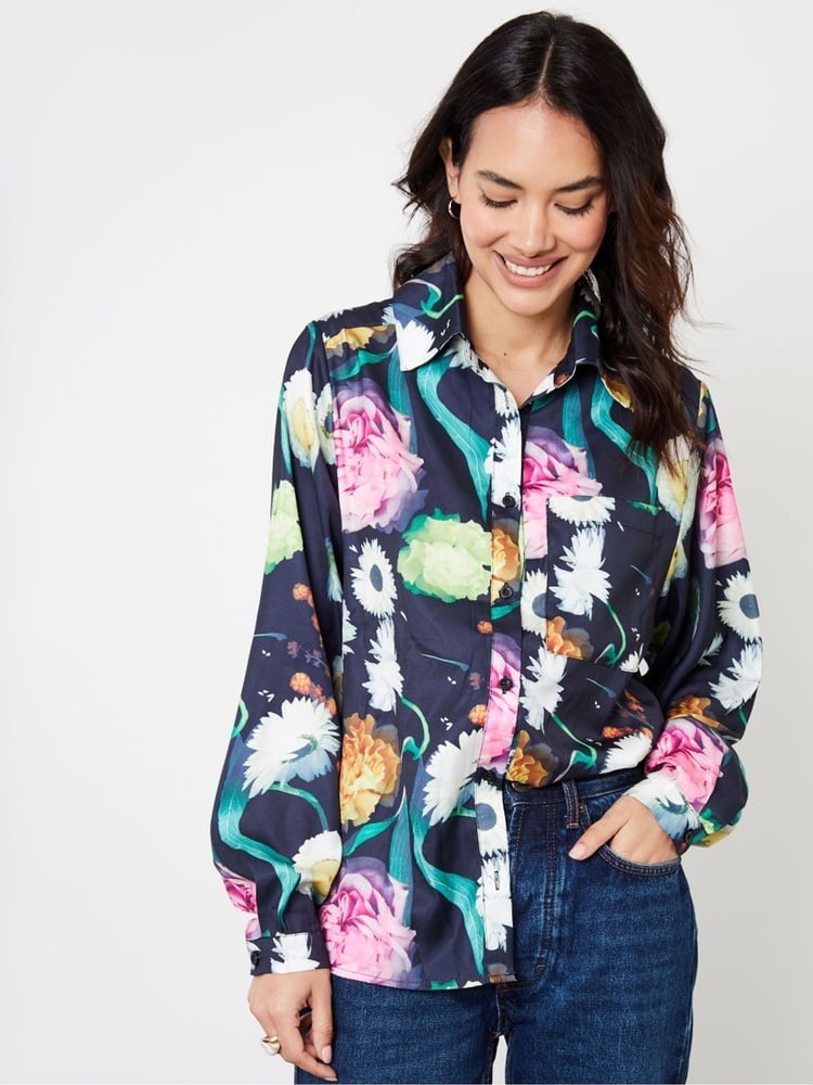 Another Sunday Blue Satin Twill Floral Print Shirt - Image 1 of 2