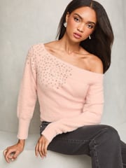 Lipsy Pink Diamonte Placement Bardot Knitted Jumper - Image 1 of 4