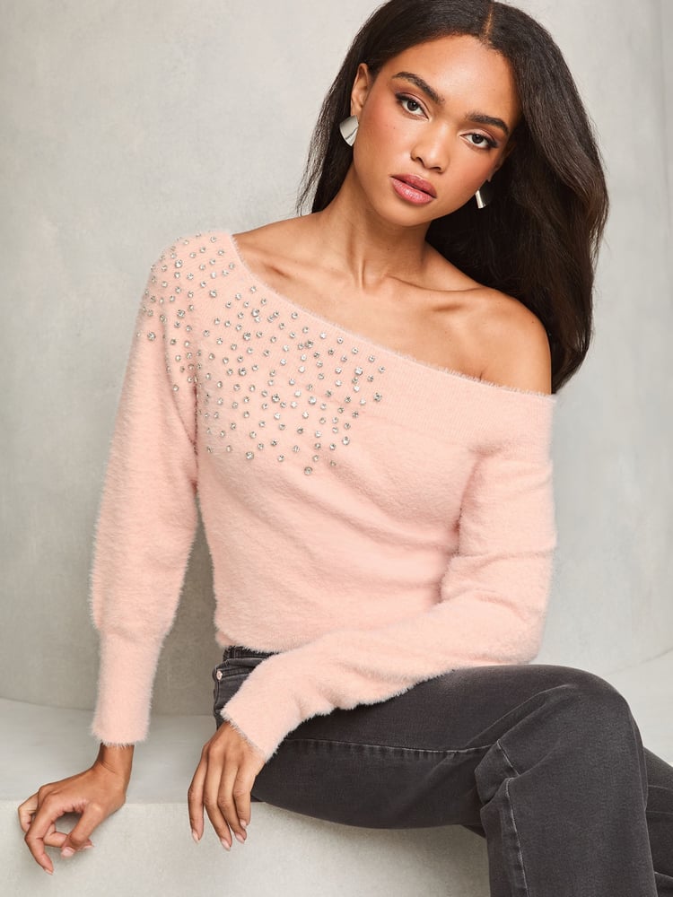 Lipsy Pink Diamonte Placement Bardot Knitted Jumper - Image 1 of 4