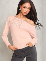 Lipsy Pink Diamonte Placement Bardot Knitted Jumper - Image 2 of 4