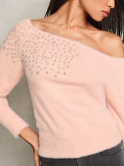 Lipsy Pink Diamonte Placement Bardot Knitted Jumper - Image 4 of 4