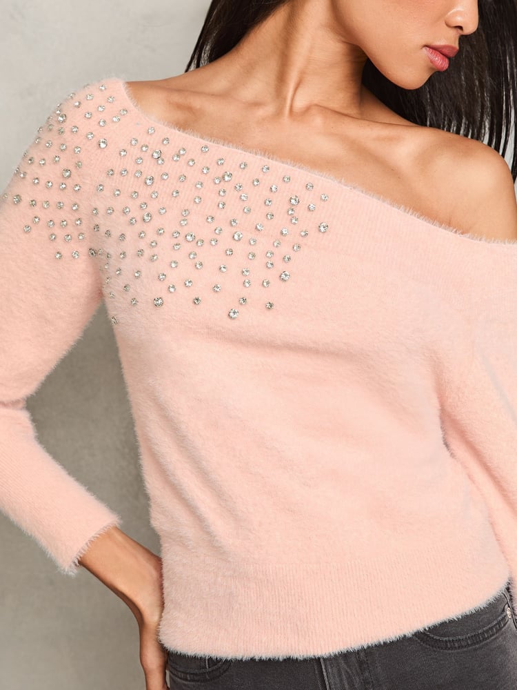 Lipsy Pink Diamonte Placement Bardot Knitted Jumper - Image 4 of 4