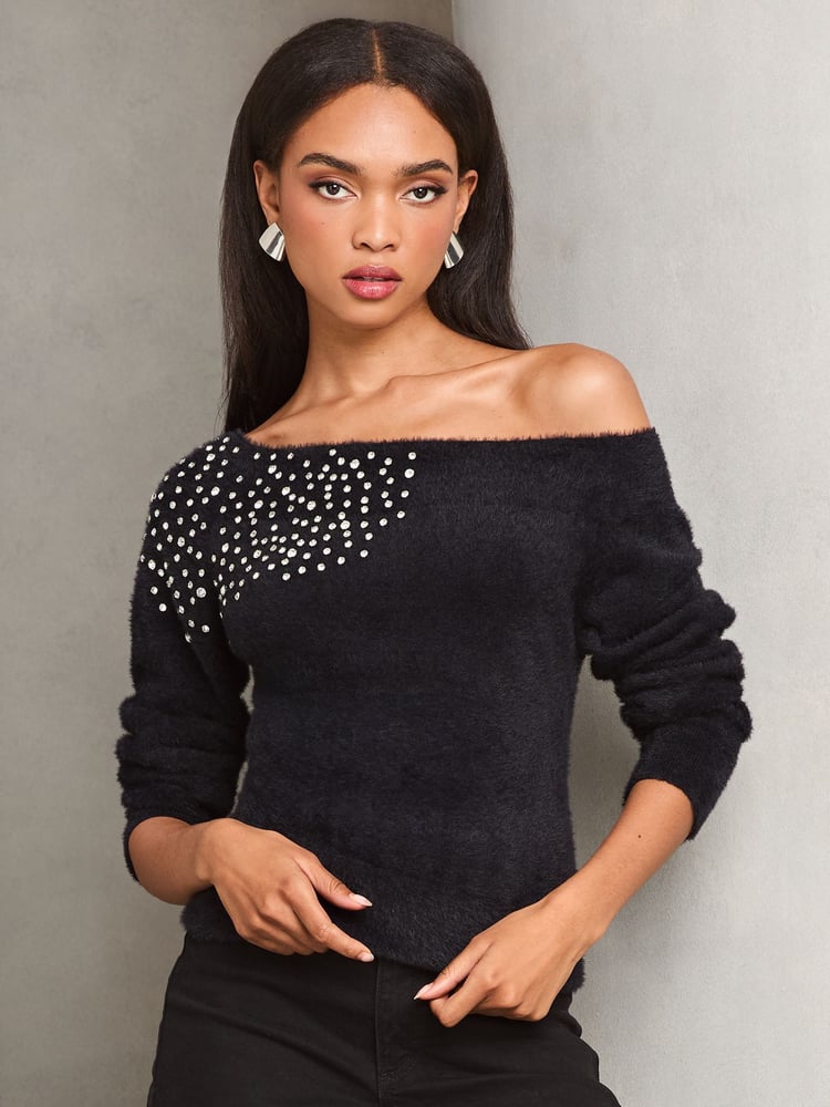 Lipsy Black Diamonte Placement Bardot Knitted Jumper - Image 1 of 4 Lipsy Black Diamonte Placement Bardot Knitted Jumper - Image 1 of 4