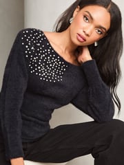 Lipsy Black Diamonte Placement Bardot Knitted Jumper - Image 2 of 4