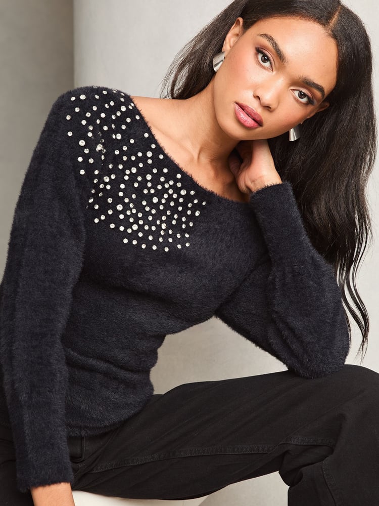 Lipsy Black Diamonte Placement Bardot Knitted Jumper - Image 2 of 4 Lipsy Black Diamonte Placement Bardot Knitted Jumper - Image 2 of 4