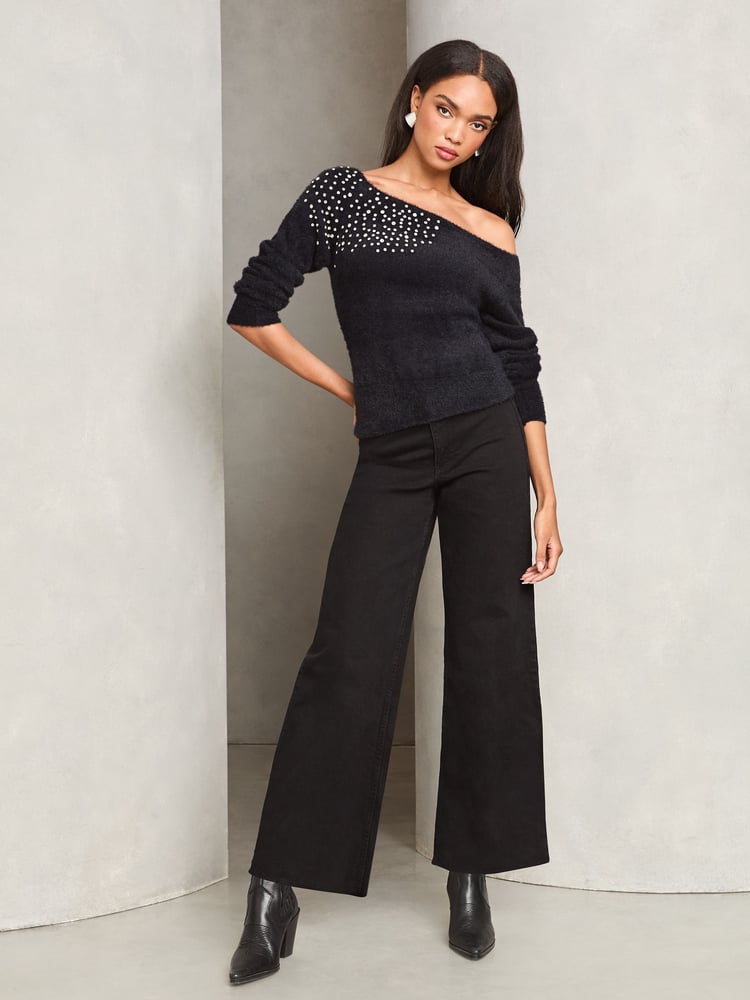 Lipsy Black Diamonte Placement Bardot Knitted Jumper - Image 4 of 4 Lipsy Black Diamonte Placement Bardot Knitted Jumper - Image 4 of 4